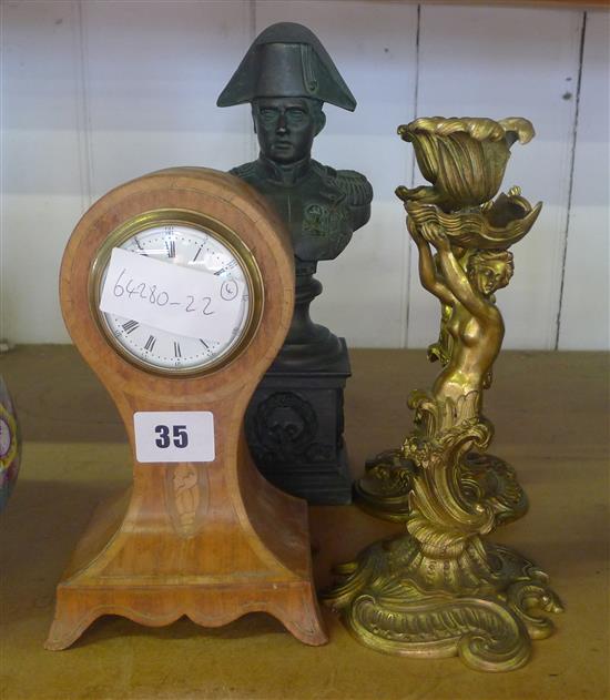Pair of ormolu figural candlesticks, Napoleon bronze, small clock